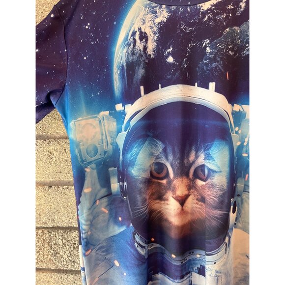 Astronaut Cat Graphic T-Shirt Large Space Galaxy Print Polyester/Spandex Unisex - Picture 3 of 6